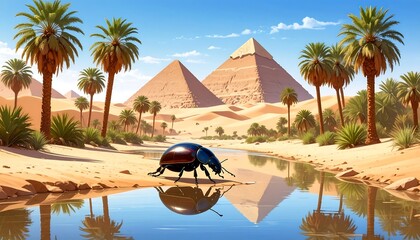 A serene desert oasis mirroring pyramids and palms with a striking scarab beetle