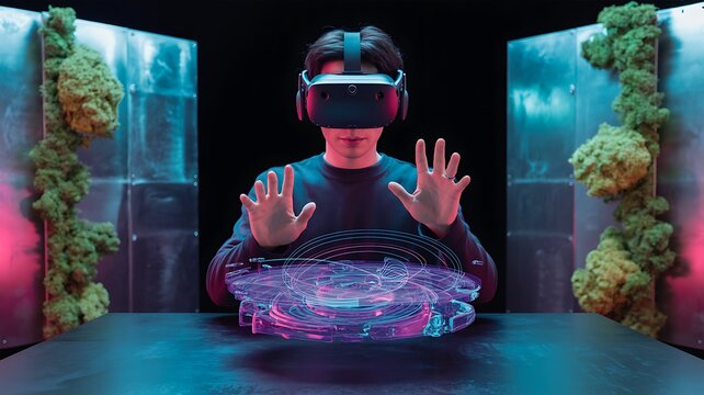 Person wearing virtual reality headset interacting with holographic technology display - Powered by Adobe