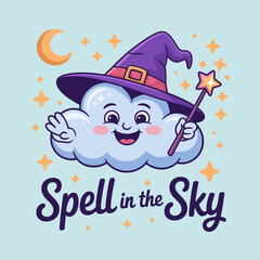 spell in the sky cute cloud with witch hat sparkling wand and stars charming halloween graphic vector for stickers posters t shirts