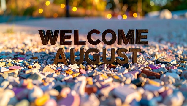Welcome August Sign on Colorful Stones Outdoor Backdrop