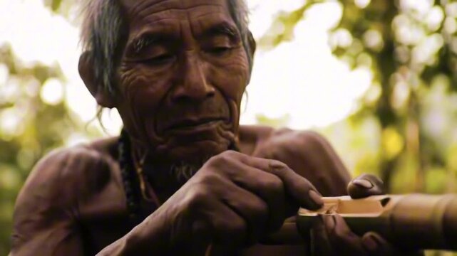 Elderly man with weathered skin works on a bamboo flute outdoors in a natural setting