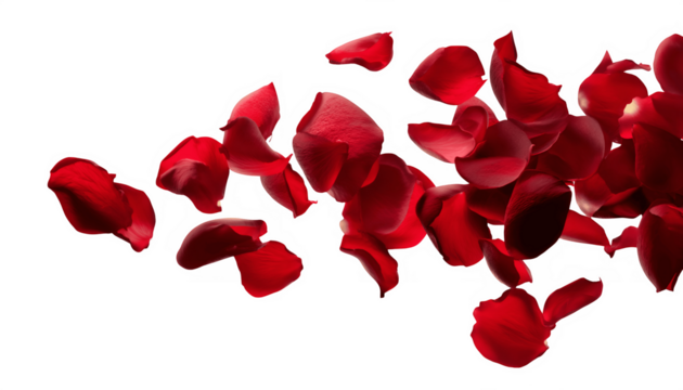 Red rose petals gracefully flutter and swirl through the air