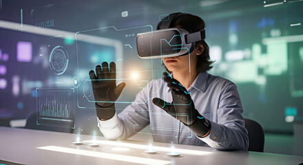 Young man using VR headset with futuristic interface and gloves