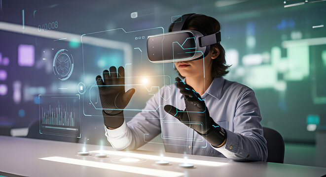 Young man using VR headset with futuristic interface and gloves - Powered by Adobe