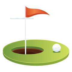 Golf hole with a bright orange flag and two white golf balls on the course