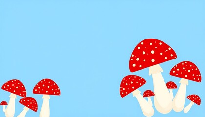 A whimsical illustration of fly agaric mushrooms against a light blue background