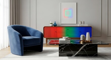 Fototapeta premium Stylish Blue Armchair and Rainbow Cabinet with Marble Coffee Table interior living room