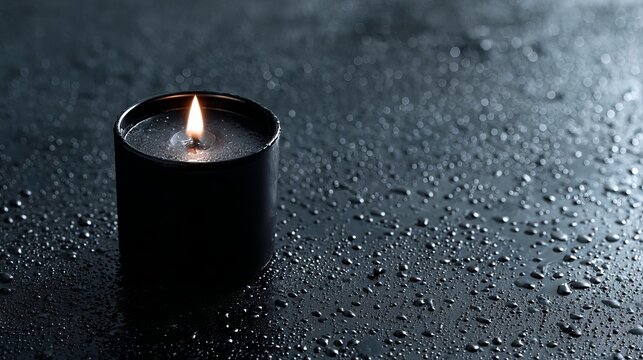 Burning black candle with gentle flame amidst glistening water droplets creating a somber, reflective mood.