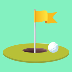 A clean and simple vector illustration of a golf flag with a yellow banner and a golf ball on the green