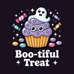 Boo tiful treat cupcake monster, ghost and candy topper, night purple background, cute spooky dessert, vector illustration, badge or label, party sweets graphic