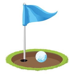 A cheerful cartoon rendering of a golf hole with a blue flag and a ball, capturing a moment of triumph in the sport