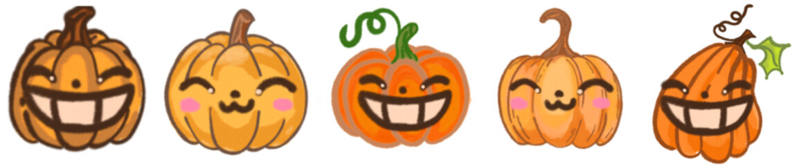 Adorable Kawaii Pumpkin Characters PNG for Halloween Stickers and Party Design
