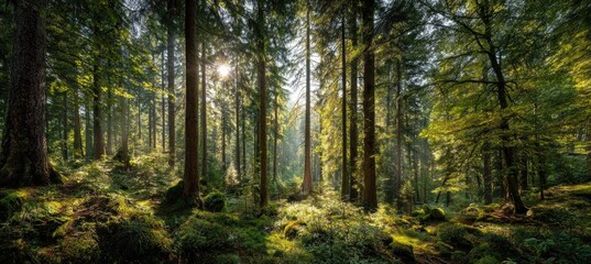 Obraz premium Sunlight streams through a dense forest