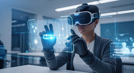 Person using virtual reality technology in modern office environment