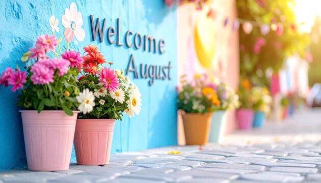Welcome August with Colorful Flowers in Pots on a Street - Powered by Adobe
