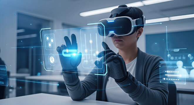 Person using virtual reality technology in modern office environment
