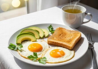 Fototapeta premium Sunny side up eggs with avocado and toast on white plate