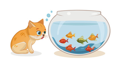 Curious orange kitten intently watching colorful fish swim inside a glass fishbowl with bubbles rising isolated on transparent background isolated on white background