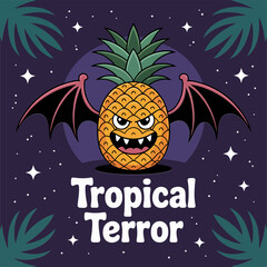 Flying pineapple jack o lantern with bat wings, tropical terror caption, starry night, Halloween vector illustration, spooky party poster, merchandise and labels