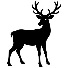 Majestic black silhouette of a male deer with antlers standing gracefully on a white background isolated on white background isolated on transparent background