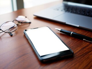 Modern Office Desk Setup Featuring Smartphone Laptop Glasses and Pen on Wooden Surface