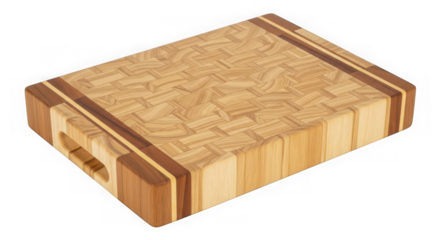 End grain butcher block cutting board with handles, isolated on transparent background