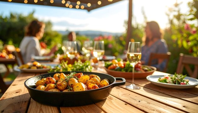Outdoor dinner party roasted potatoes