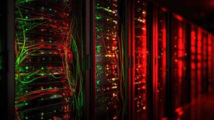 The illuminated server room with vibrant green and red cables intertwined.