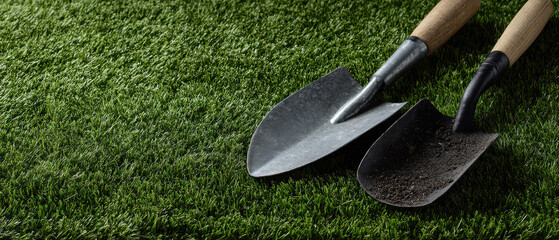 Gardening tools on artificial grass mat, neatly arranged