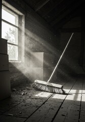 Dusty attic room, broom in sunbeams