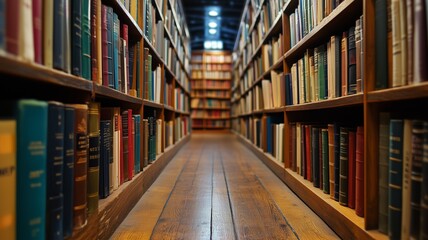 Depth of knowledge captured in a library aisle lined with books and wooden floors