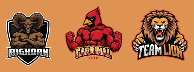Bighorn Ram, Cardinal Bird, and Lion Mascot Logos on Orange Background team