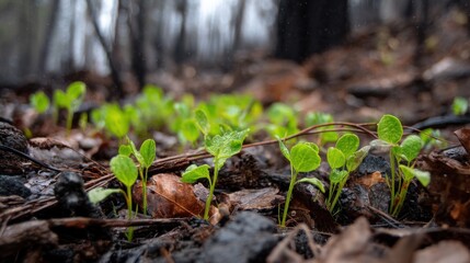 Small green plant shoots emerge from dark moist earth. New life sprouts among fallen leaves and charred forest ground, showing nature's resilience.