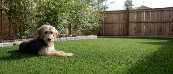 Dog relaxing on artificial grass in pet friendly backyard