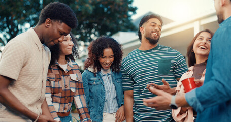 Happy, backyard and friends at party talking for bonding, relax and fun conversation on weekend. Hangout, communication and men with women outdoor for celebration, social gathering and reunion
