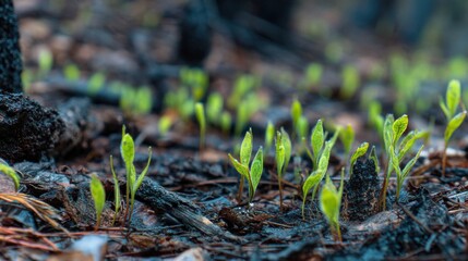 Tiny vibrant green sprouts grow from dark charred ground. New plant life emerges among black burnt wood, showing nature's powerful resilience.