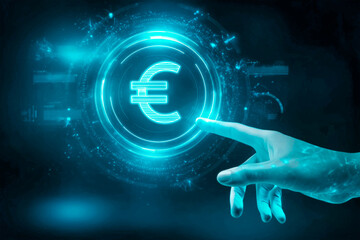 Futuristic finger pointing at glowing digital euro symbol on a high-tech interface. Concept of European digital finance, user interaction and financial technology innovation