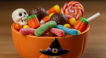 Macro shot of assorted Halloween candies in a decorative bowl, vibrant colors, realistic texture, shallow depth of field, isolated on a clean wooden surface, professional studio lighting.
