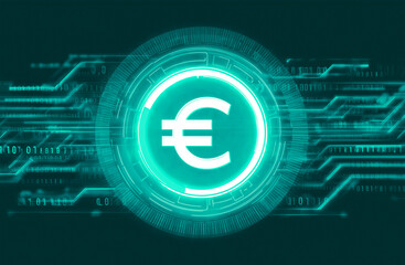 Glowing digital euro symbol over a futuristic circuit board with binary code. European financial markets, fintech solutions and digital currency or payment systems