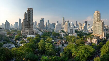 Fototapeta premium Cityscape with towering buildings and lush greenery.