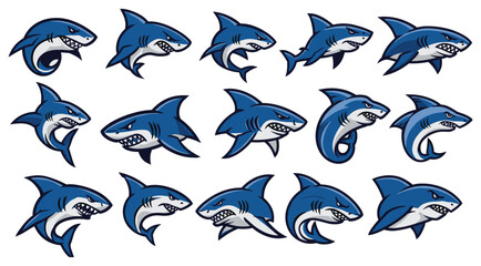Obraz premium Collection of Aggressive Cartoon Shark Illustrations on White Background animal marine life