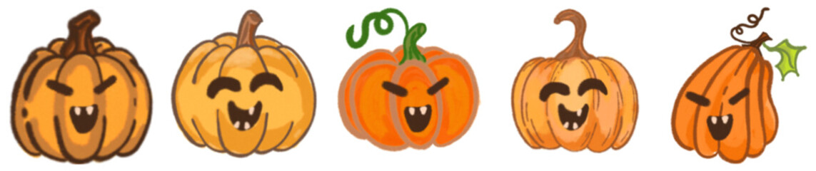 Adorable Kawaii Pumpkin Characters PNG for Halloween Stickers and Party Design