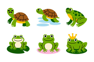 Turtles and frogs vector, lily pad pond scene, cute amphibians, cartoon icons, childrens clipart, green nature set, white background, playful characters, wildlife education resources, pack