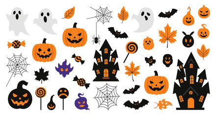 Fototapeta premium A spooky collection of halloween icons featuring ghosts pumpkins bats and haunted houses for festive decorations
