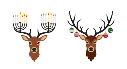 Fototapeta premium Festive reindeer with holiday decorations featuring menorah and ornaments for christmas and hanukkah celebrations