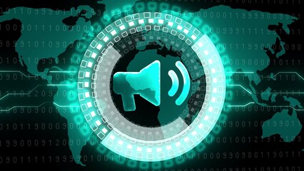 Digital Megaphone Icon with Global Network and Binary Code Overlay in Cyan and Teal sound announcement