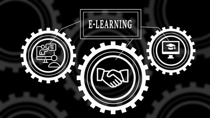 E-learning concept with interconnected gears illustrating online education and collaboration on a dark gradient background