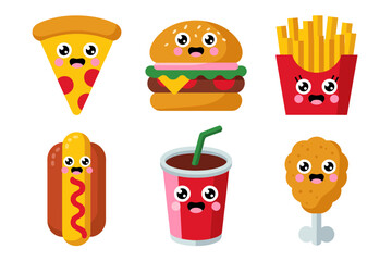 Fast food combo vector, burger pizza fries hot dog drink donut, kawaii faces, takeaway theme, white background, kids stickers, snack clipart, cafe menu design, element