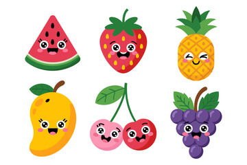 Cute fruit face set, strawberry watermelon pineapple lemon cherry grapes, kawaii cartoon characters, colorful vector clipart, sticker pack, kids illustration, fresh produce theme