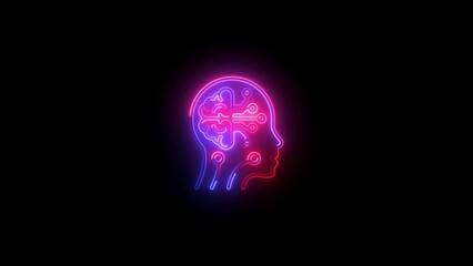 Glowing Neon Human Head with Pink Blue Circuit Brain on Dark Black Background artificial intelligence